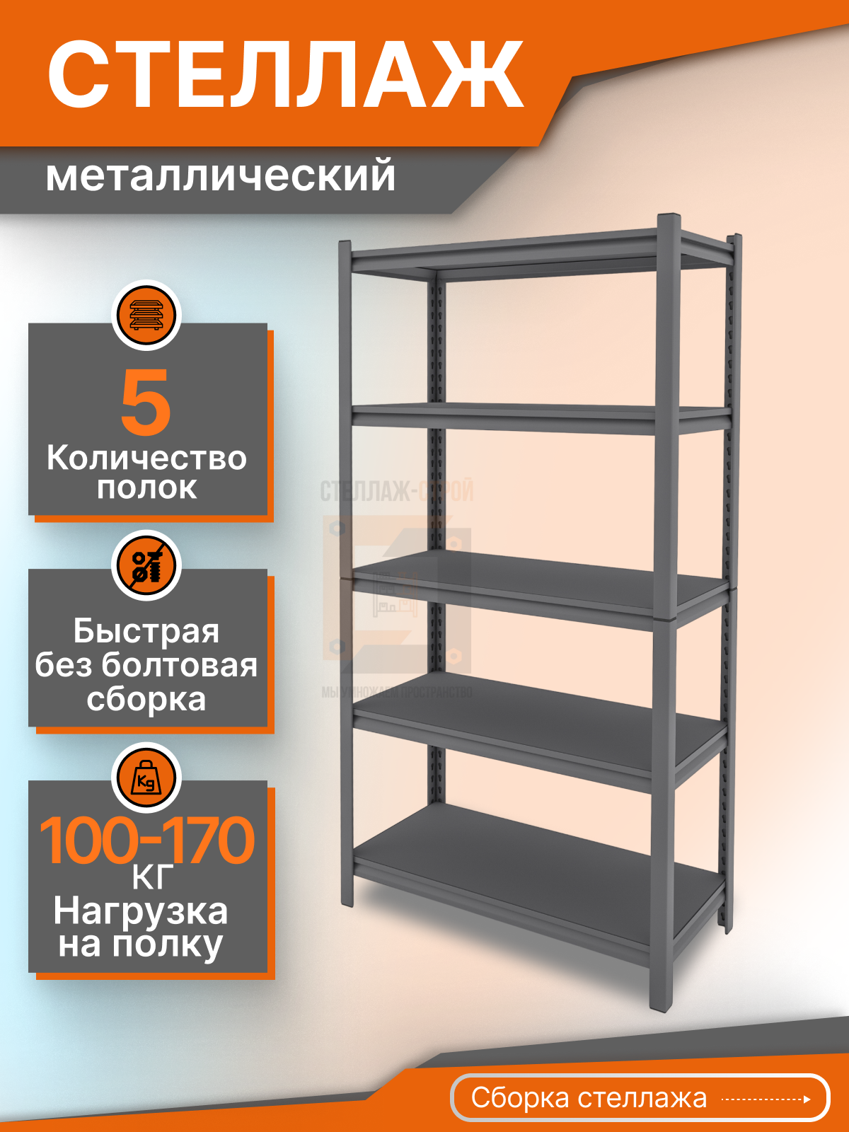 Стеллаж БМ 1600х900х300 (5 ярусов / ДСП / 200 кг на ярус)